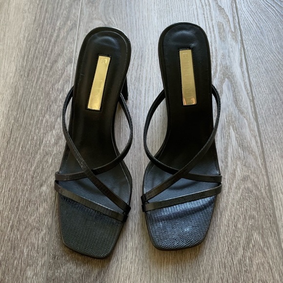 billini guinevere black scale strappy block heel slip on mules sandals size 6 - Picture 4 of 8